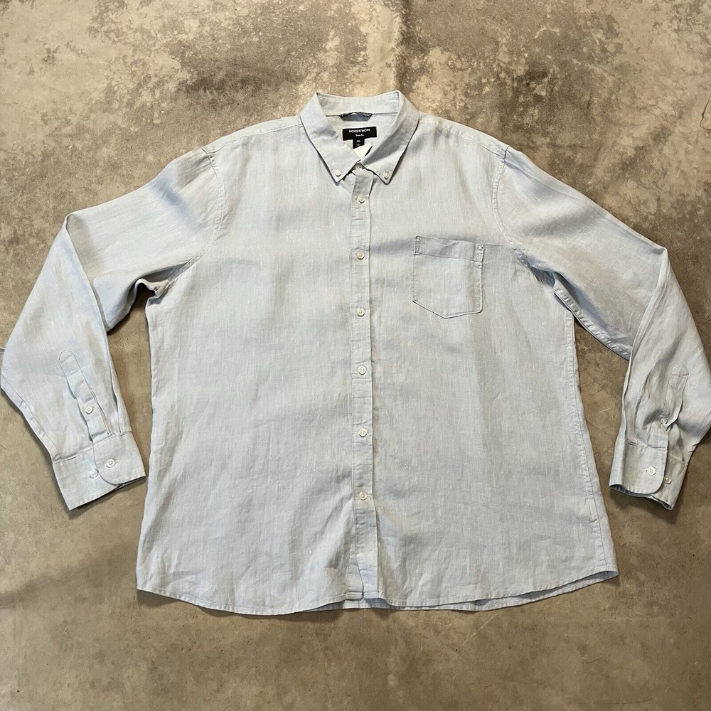 Nordstrom Shirt Mens Sz 2XL Blue Trim Fit Linen Button Down Long Sleeve